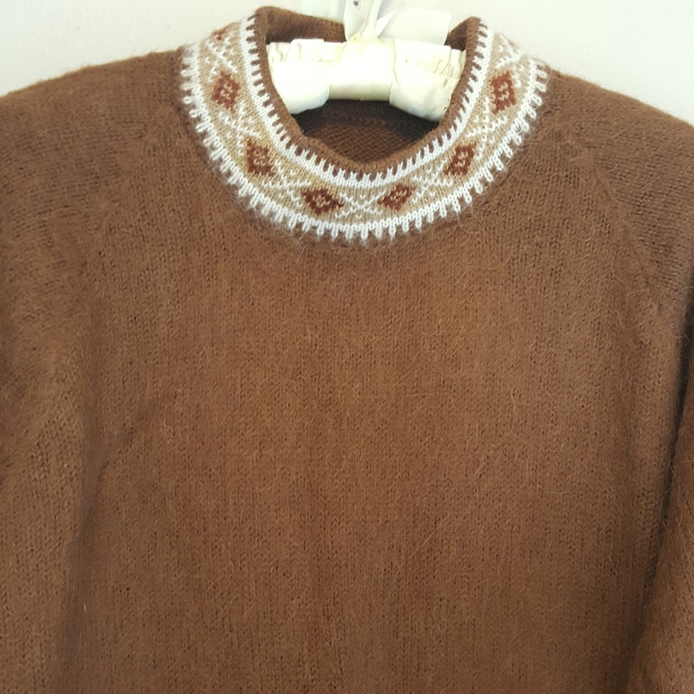 Vintage Mid Century Chestnut Brown Argyle Trim Sweater